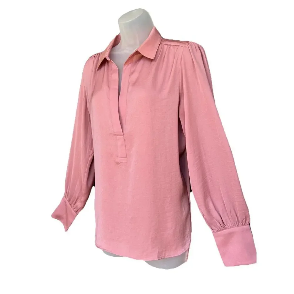 Banana Republic Pink Satin Blouse Size Med V-Neck Pleated Puff Long Sleeve Top
